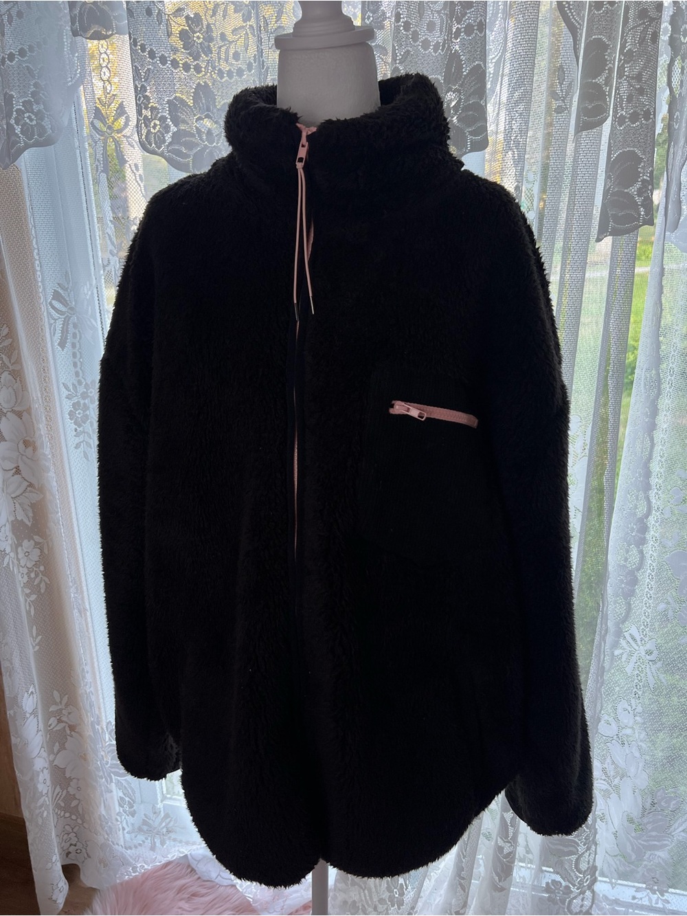Women's Black Teddy Jacket with Pink Zip Accents XL